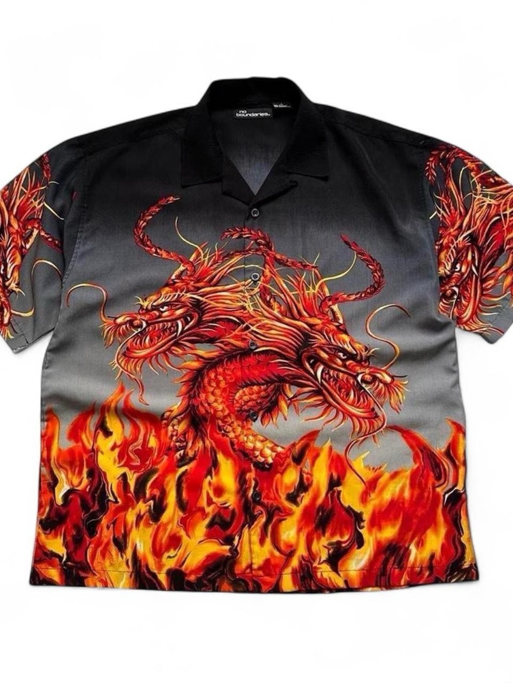 Vintage No Boundaries Men's Black Button-Up Shirt with Fiery Red Dragon Print L